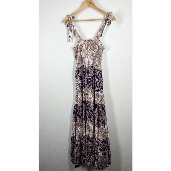 Abel The Label Maxi Dress Small Smocked Tie Straps Tiered Floral Boho Anthro - Picture 1 of 6